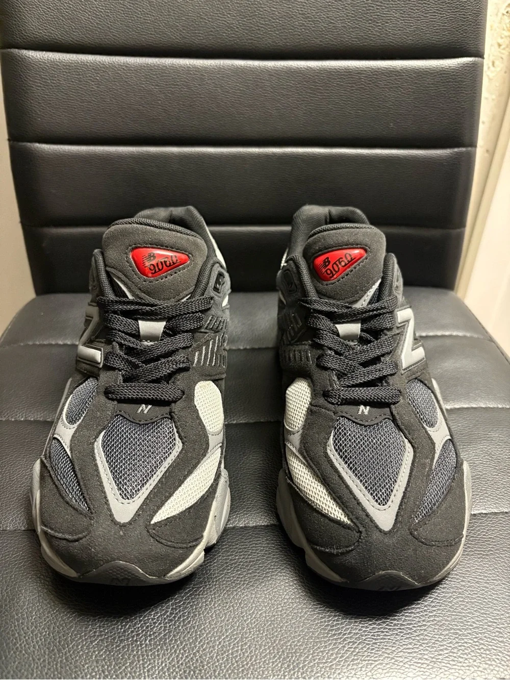 New Balance Kids Black and Gray Athletic Sneakers with Red Logo Accent